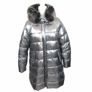 Denny Rose Women’s 42 Shiny Silver Long Puffer Jacket Large